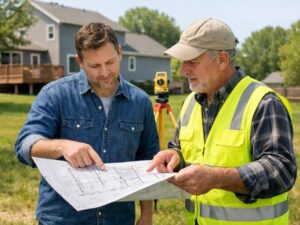 Homeowner reviewing a survey map with a licensed land surveyor to confirm property boundaries