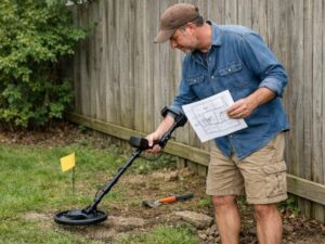 Homeowner using a metal detector and a plat map to check property lines before calling a surveyor
