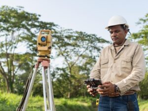 Surveyor using a total station while performing different types of land surveys