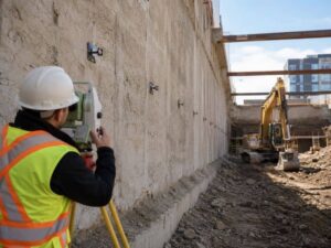Total station measuring monitoring targets on a retaining wall beside an active construction excavation