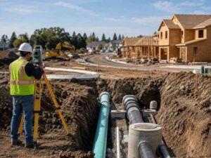 Surveyor checking control beside exposed water and sewer lines before new homes are built