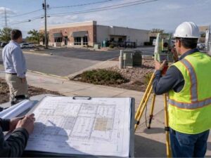 ALTA survey in Henderson Nevada showing a surveyor documenting a multi parcel commercial property with buildings, access areas, utilities, and site plans.
